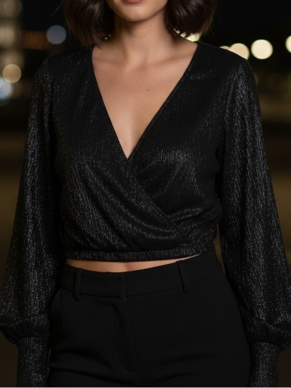 Zara | LIKE NEW Black shimmer long sleeve cropped crossover v-neck blouse large